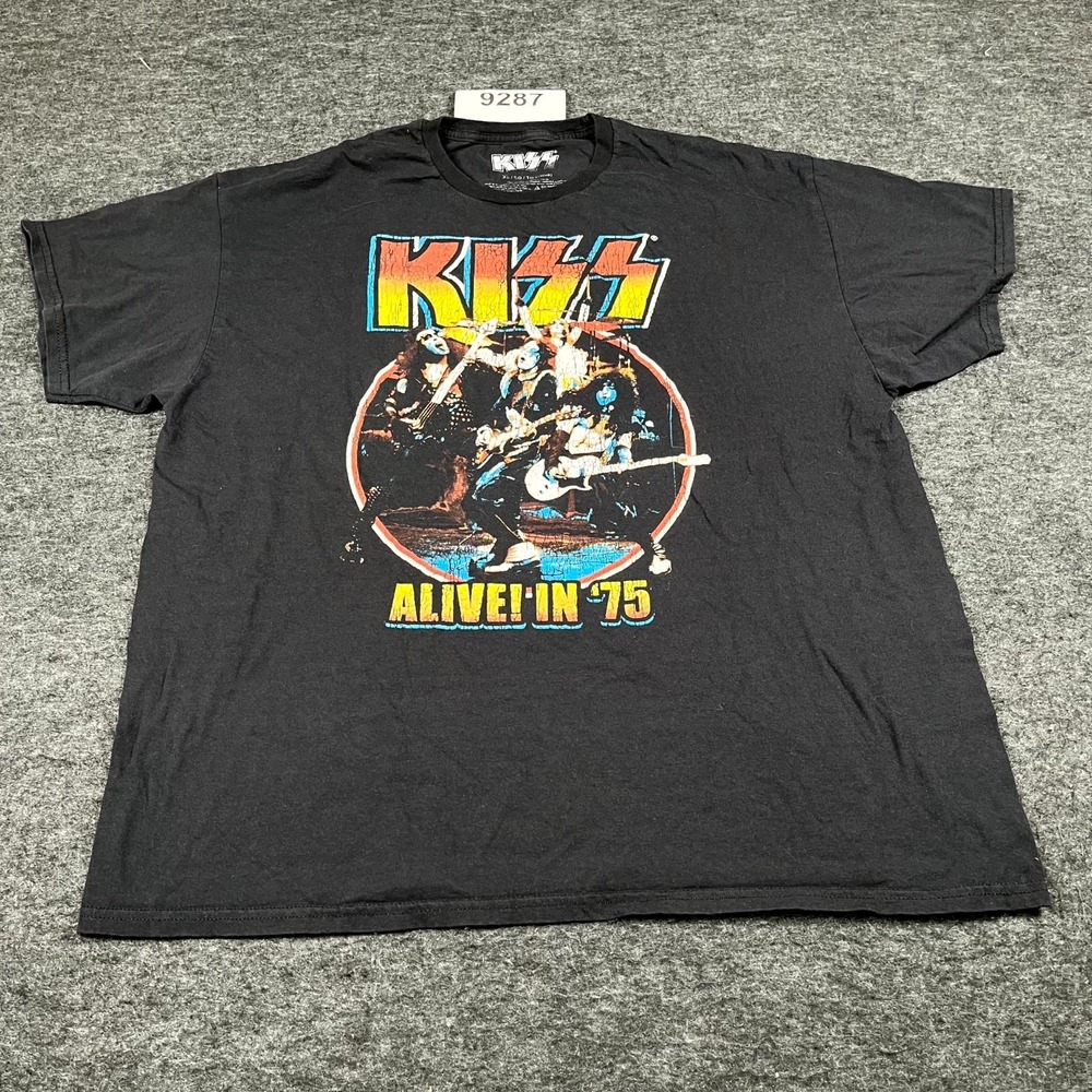 KISS T Shirt Mens XL Black Alive In 75 Rock Band Graphic Music Cotton Crew Neck‎